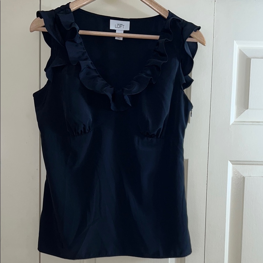 LOFT Black Ruffled Fitted Blouse with Side Zip